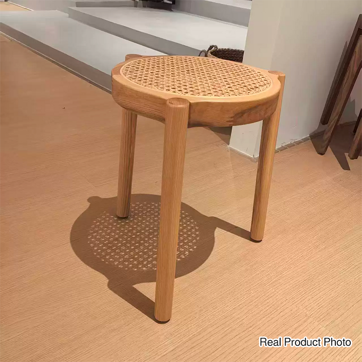 Traditional Japanese Round Rattan Weaving Ash Wood Frame Stackable Low Stool For Living Room