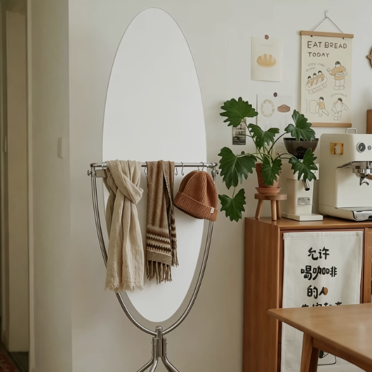 Modern Mid-Century Stainless Steel Glass Oval Full Length Floor Mirror With Rolling Swivel Coat Rack For Bedroom &amp; Living Room