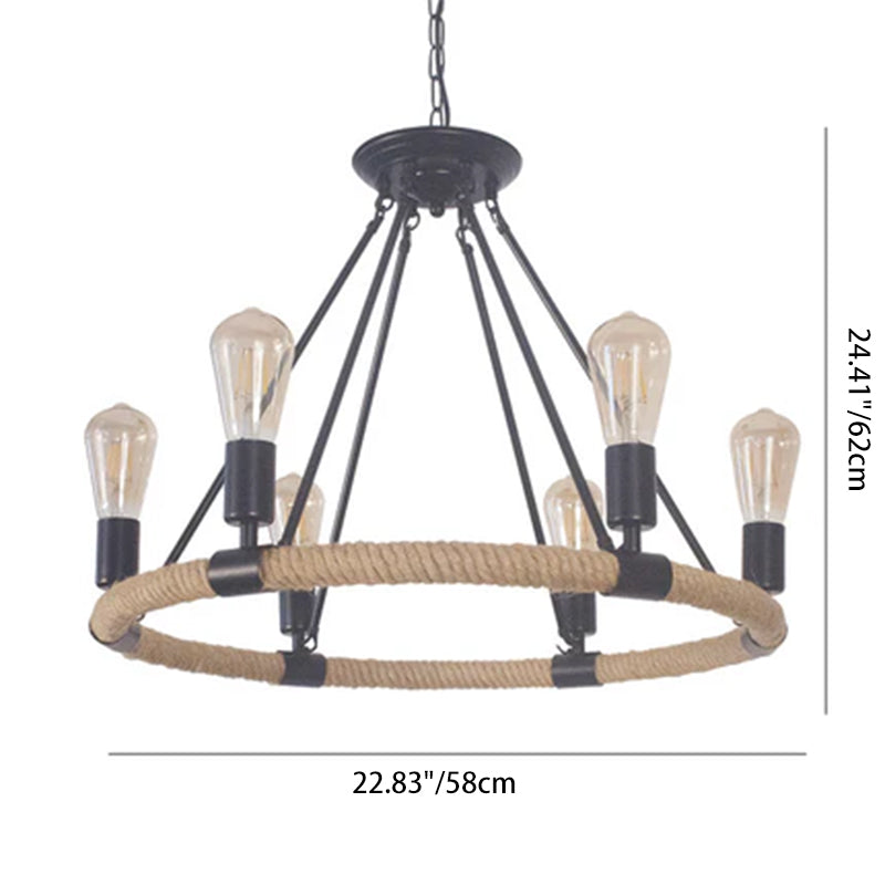 Lustre traditionnel de ferme ronde en corde de chanvre et matériel en fer 6/8 - Lustres pour salle à manger 