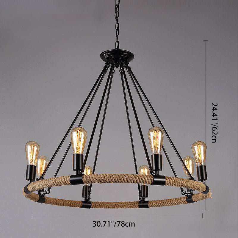 Lustre traditionnel de ferme ronde en corde de chanvre et matériel en fer 6/8 - Lustres pour salle à manger 