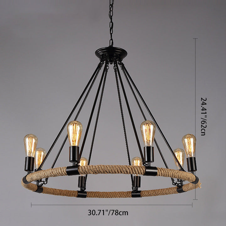 Lustre traditionnel de ferme ronde en corde de chanvre et matériel en fer 6/8 - Lustres pour salle à manger 