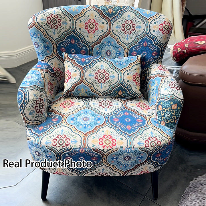 Traditional Vintage Rectangular Fabric Rubberwood Carbon Steel Accent Chair Backrest Armrest Footrest For Living Room