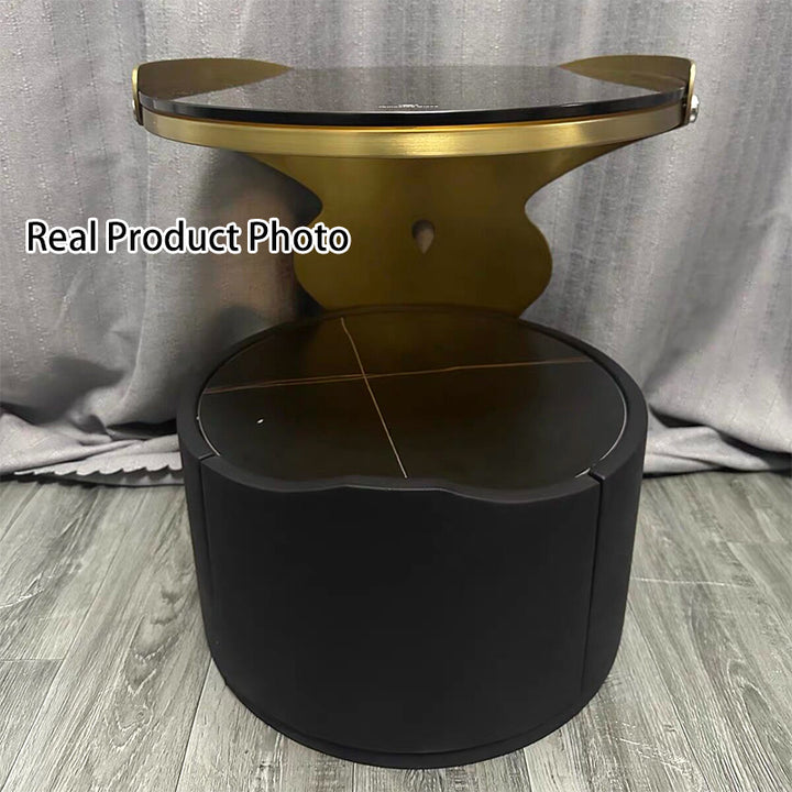 Moderner nordischer zylindrischer Nachttisch aus Mikrofaserleder, Karbonstahl, Sperrholz, Steinplatte und Glas mit 1 Schublade für das Schlafzimmer 
