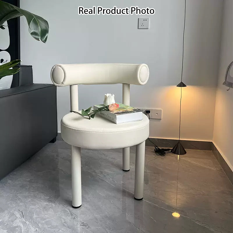 Tabouret de vanité rond nordique contemporain en cuir artificiel avec cadre en fer et dossier arqué pour chambre 