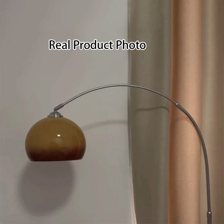 Lampe de sol contemporaine scandinave avec abat-jour rond en verre et tige de pêche en fer à 1 lumière pour salon 