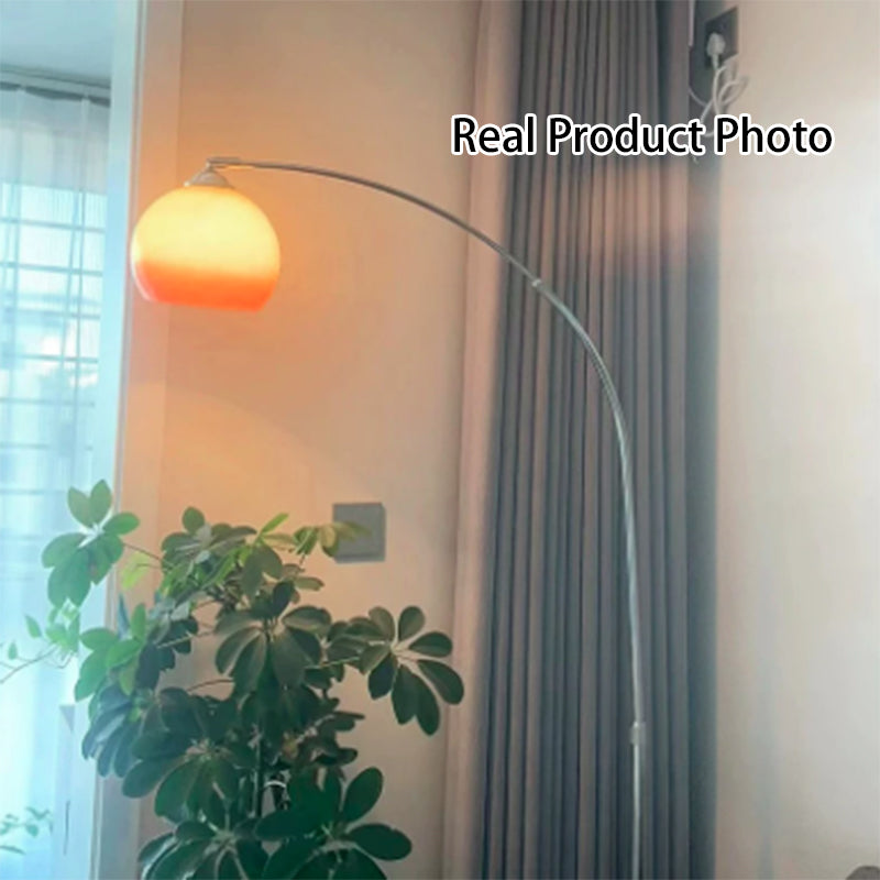 Lampe de sol contemporaine scandinave avec abat-jour rond en verre et tige de pêche en fer à 1 lumière pour salon 