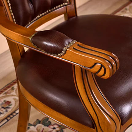 Traditional Vintage Curved Microfiber Leather Solid Wood Sponge Dining Chair Backrest Armrest For Dining Room