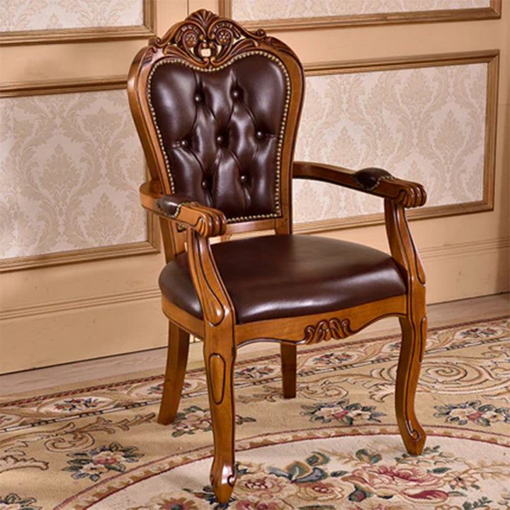 Silla de comedor de cuero de microfibra curvada vintage tradicional de madera maciza con respaldo y reposabrazos para comedor 