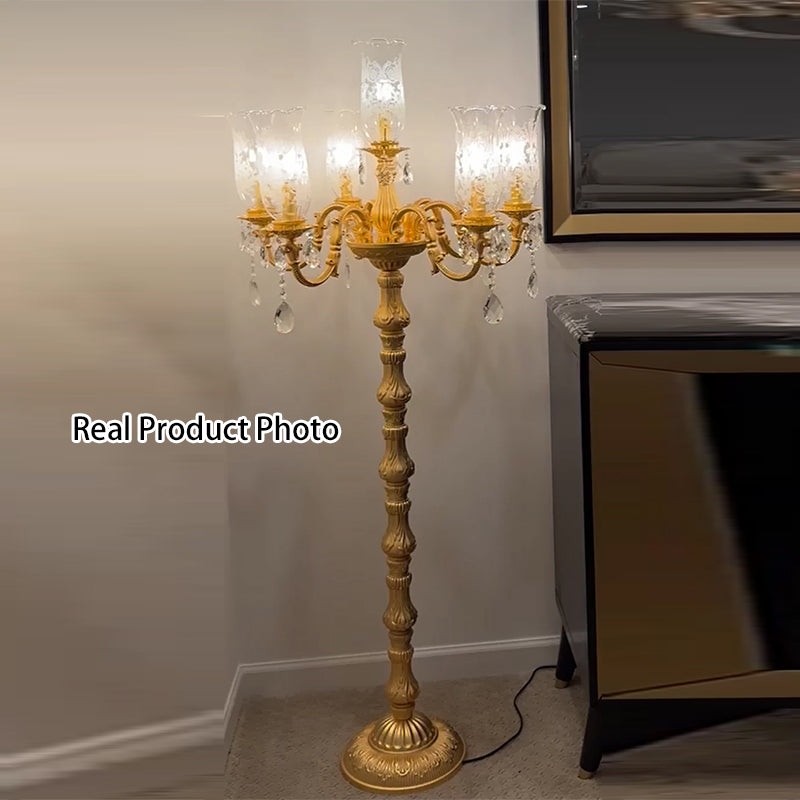 Traditional Luxury Golden Crystal Zinc Alloy Candle Holder 7-Light Standing Floor Lamp For Bedroom