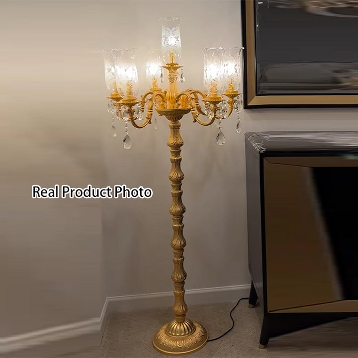 Traditional Luxury Golden Crystal Zinc Alloy Candle Holder 7-Light Standing Floor Lamp For Bedroom