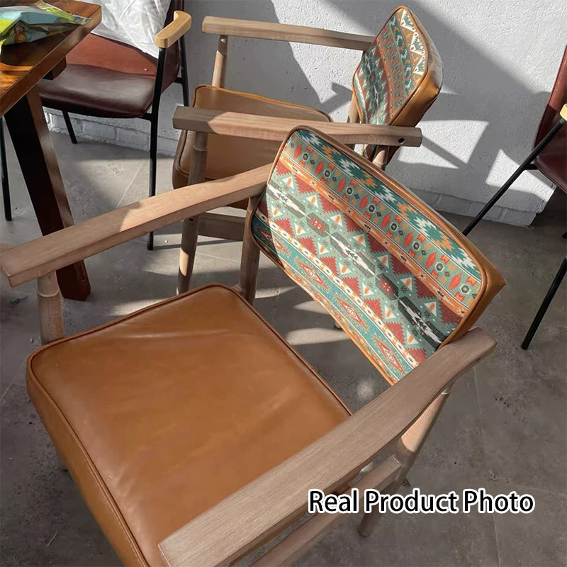 Traditional Vintage PU Leather Solid Wood Rectangular Dining Chair With Armrests Backrest For Dining Room