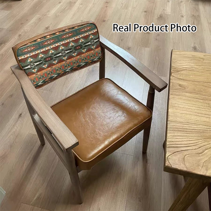 Traditional Vintage PU Leather Solid Wood Rectangular Dining Chair With Armrests Backrest For Dining Room