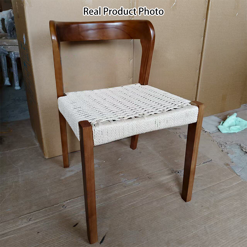 Contemporary Scandinavian Kraft Paper Rope Rubberwood Dining Chair Backrest Armless For Dining Room