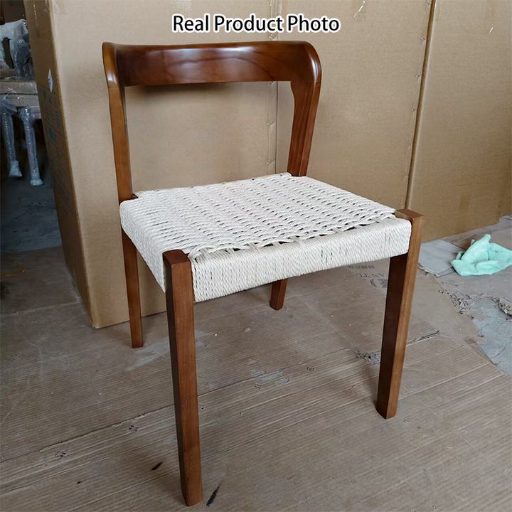 Contemporary Scandinavian Kraft Paper Rope Rubberwood Dining Chair Backrest Armless For Dining Room