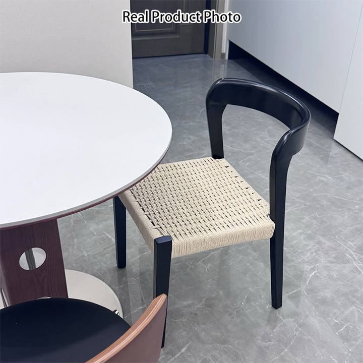 Contemporary Scandinavian Kraft Paper Rope Rubberwood Dining Chair Backrest Armless For Dining Room