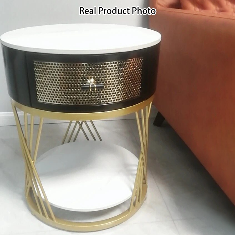 Contemporary Nordic Round Slab Stone Iron Eco-friendly Board Side Table 1 - Drawer For Living Room
