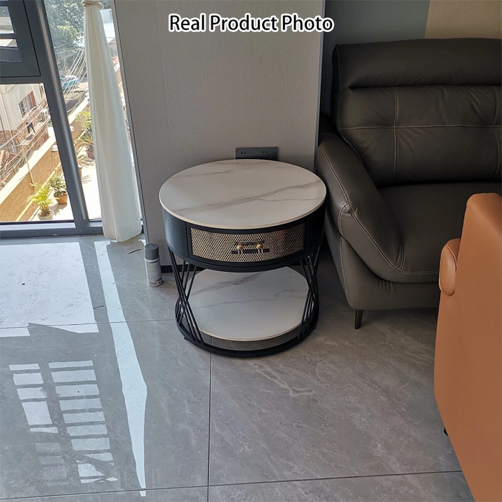 Contemporary Nordic Round Slab Stone Iron Eco-friendly Board Side Table 1 - Drawer For Living Room