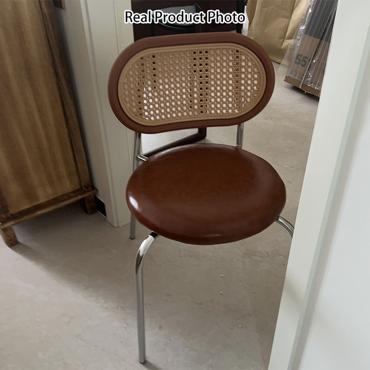 Contemporary Boho Round Curved PU Leather PP Rattan Stainless Steel Dining Chair Backrest Armless For Dining Room