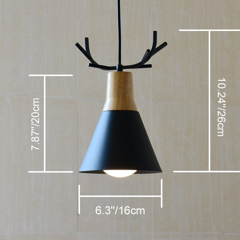 Modern Minimalist Antler Wood Iron Cone 1-Light Pendant Light For Living Room