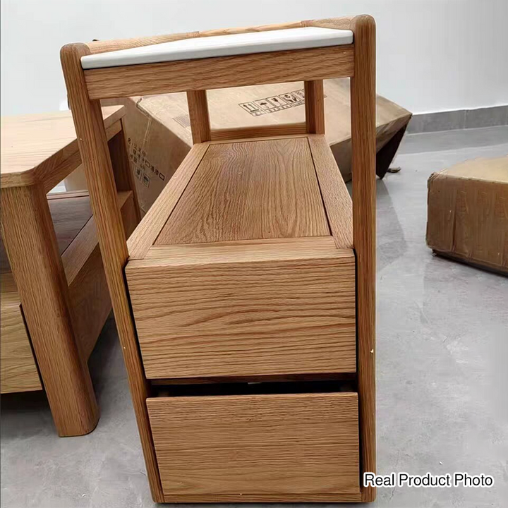 Modern Simplicity Rectangular Cube Sintered Stone Red Oak Paulownia Wood Side Table 2 - Drawer For Living Room