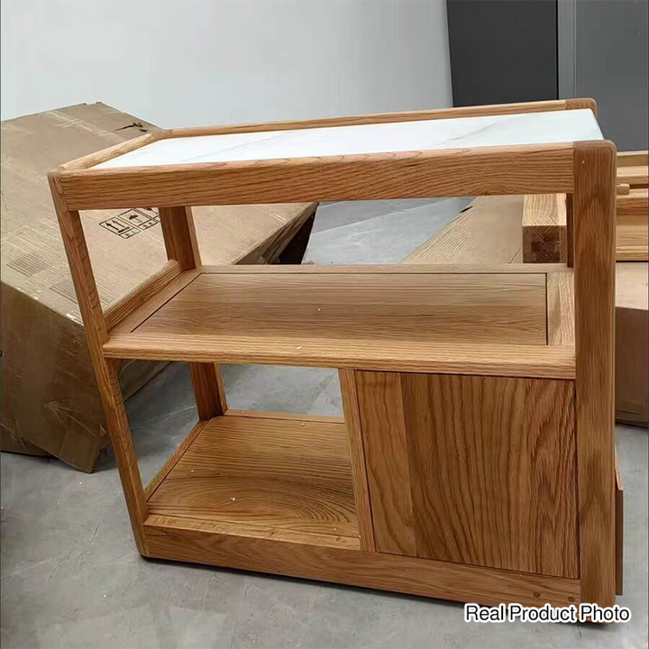 Modern Simplicity Rectangular Cube Sintered Stone Red Oak Paulownia Wood Side Table 2 - Drawer For Living Room