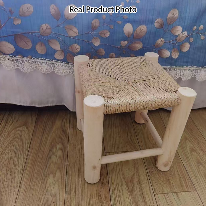Simplicidad contemporánea taburete bajo de pino tejido con cuerda de papel sin respaldo ni reposabrazos para sala de estar 