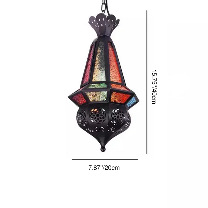 Traditionelle Vintage-Pendelleuchte im marokkanischen Stil mit Skelett-Design, Buntglas und Eisenkäfig, 1-flammig, für das Wohnzimmer 