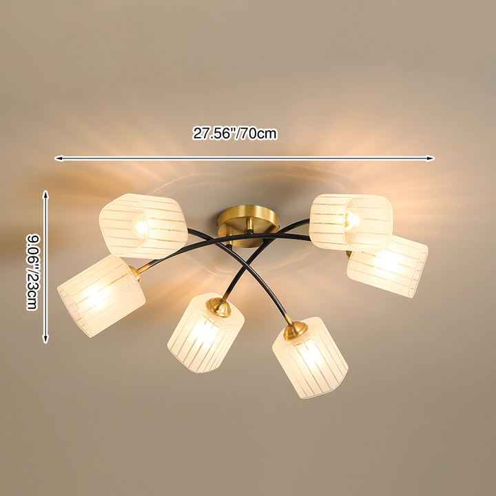 Traditionelle japanische mattierte quadratische Glas-Kupfer 6/8-Light Semi-Flush-Mount-Deckenleuchte für das Wohnzimmer 