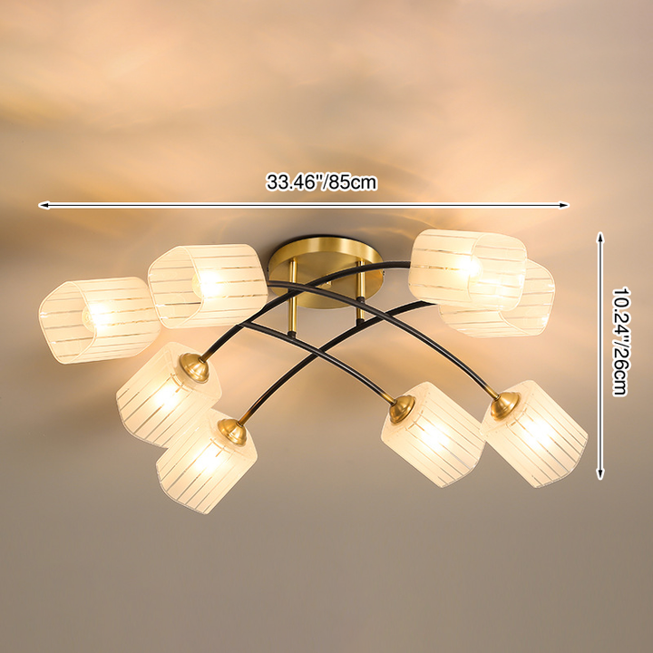 Traditionelle japanische mattierte quadratische Glas-Kupfer 6/8-Light Semi-Flush-Mount-Deckenleuchte für das Wohnzimmer 