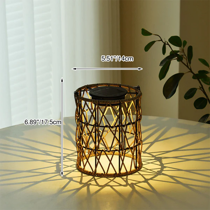 Lampe de table de jardin à LED étanche avec cylindre de tissage en rotin extérieur solaire 