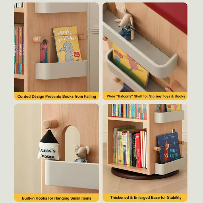 Solid Beech Wood Rotating Kids Bookshelf - Nordic Book Display Shelf With 360° Access And Multi-Level Storage For Books &amp; Toys For Living Room