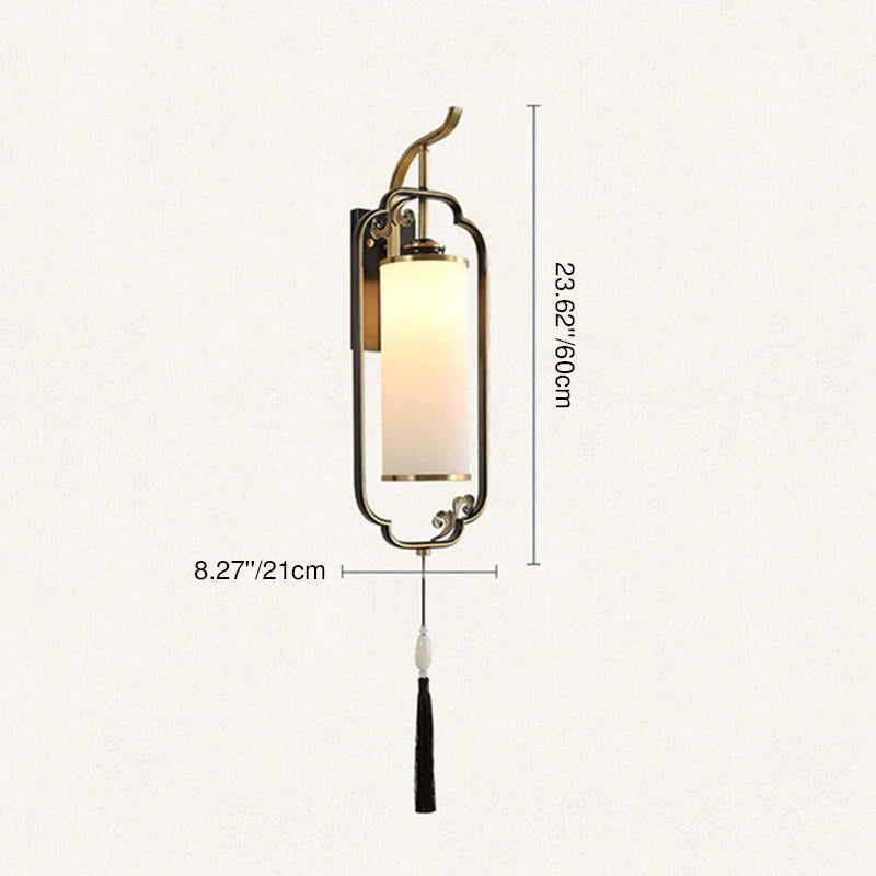 Traditionelle 1-flammige Wandleuchte aus chinesischem Kupfer, Eisen und Glas in Säulenform für das Wohnzimmer 