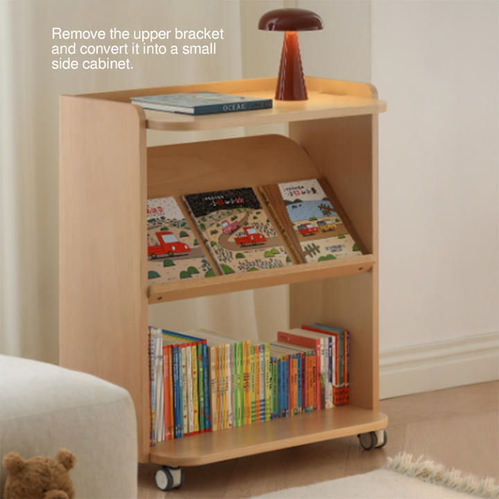 Contemporary Retro Solid Beech Wood &amp; Plywood Canvas Ceramics Montessori Toy Storage Shelf - Convertible Double-Sided Kids Bookshelf &amp; Play Market Organizer With Wheels