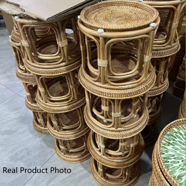 Mesa de centro redonda contemporánea boho con base de ratán tejido para sala de estar 