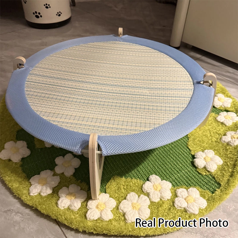 Lit pour chat contemporain bohème rond à plusieurs couches en panneau de bois massif et tapis d’herbe asiatique pour chambre à coucher 