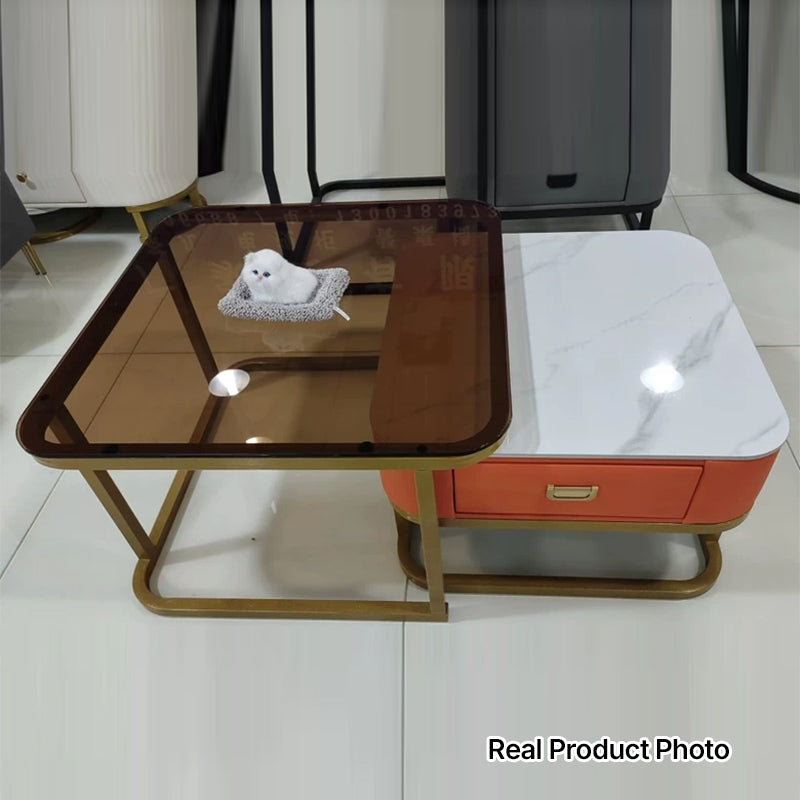 Modern Luxury Square Glass Top Nesting Coffee Table Drawer For Living Room