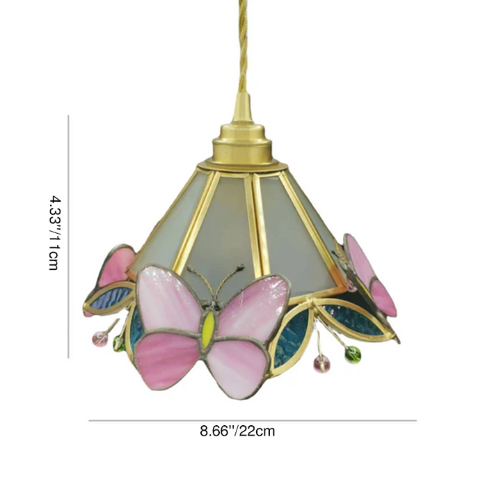 Moderne nordische 1-flammige Pendelleuchte aus Kupfer mit Schmetterlings-Buntglas in Kegelform für das Wohnzimmer 