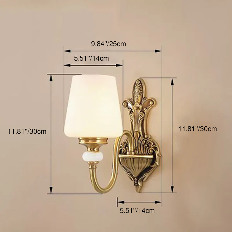 Traditional European Jade Glass Brass Cone Cup Shade 1/2 Light Wall Sconce Lamp For Bedroom