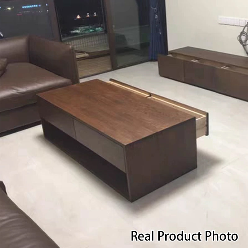 Mesa de centro rectangular moderna y minimalista de madera de nogal y paulownia con 4 cajones para salón 