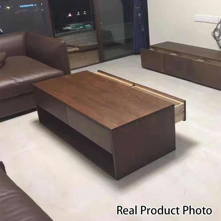 Mesa de centro rectangular moderna y minimalista de madera de nogal y paulownia con 4 cajones para salón 