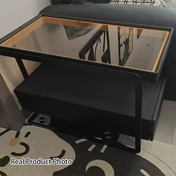 Contemporary Nordic Rectangle Pine Wood Carbon Steel Tempered Glass Scratch-Resistant Leather Side Table 1 - Drawer For Living Room