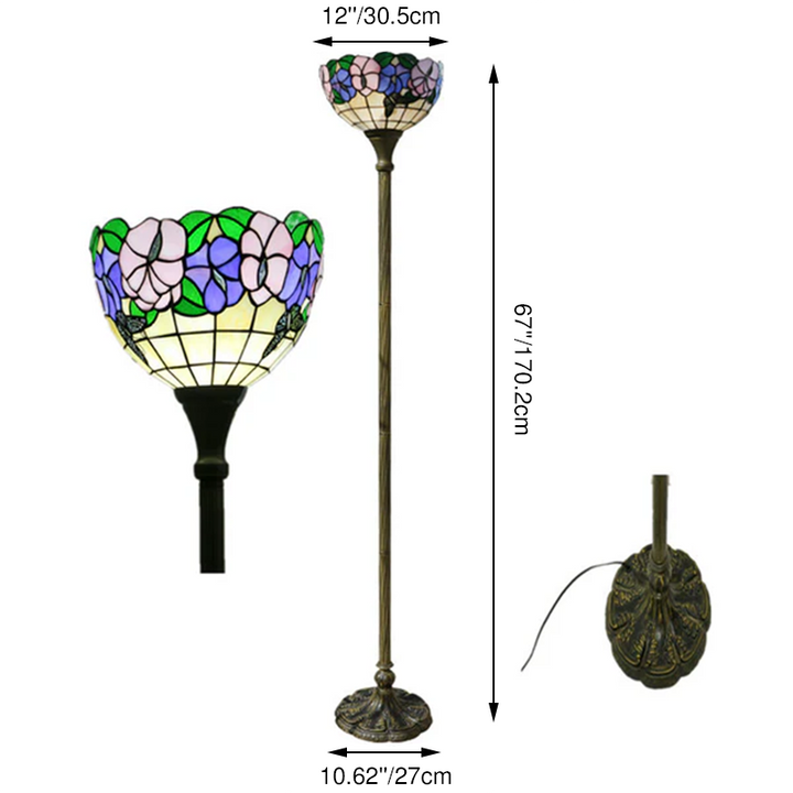Klassische 1-flammige Stehlampe mit Tiffany-Schmetterlings- und Blumenmotiv aus Buntglas, Kunstharz und Eisen mit Kuppelschirm für das Schlafzimmer 
