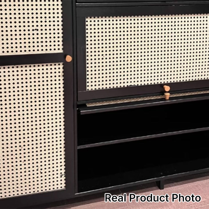 Rangement à chaussures moderne minimaliste rectangulaire en bambou, plastique et verre à 3 armoires pour entrées 