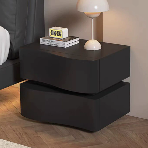 Table de chevet contemporaine en cuir de Napa créatif avec bois massif, métal, carré incurvé avec 2 tiroirs pour chambre 