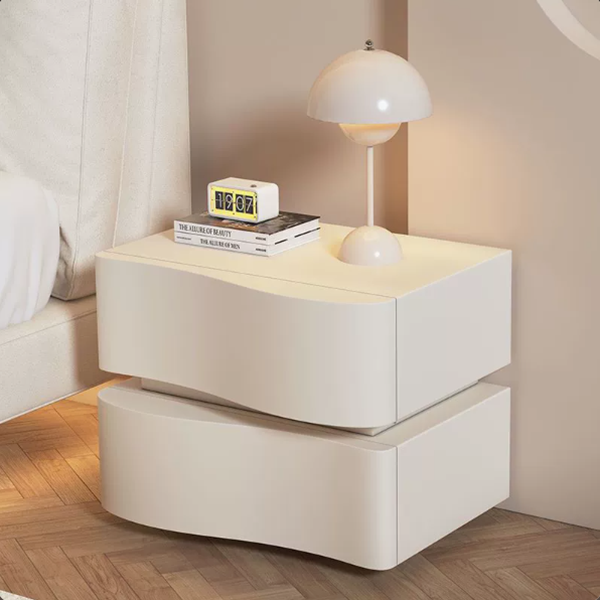 Table de chevet contemporaine en cuir de Napa créatif avec bois massif, métal, carré incurvé avec 2 tiroirs pour chambre 