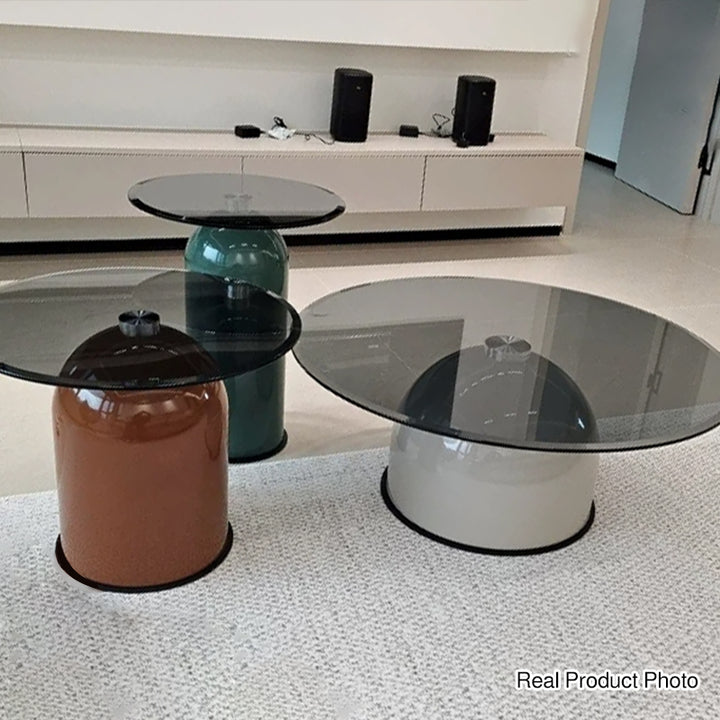 Moderner kreativer Couchtisch aus gehärtetem Rundglas, Karbonstahl und Sperrholz, 1-stöckig, für das Wohnzimmer 