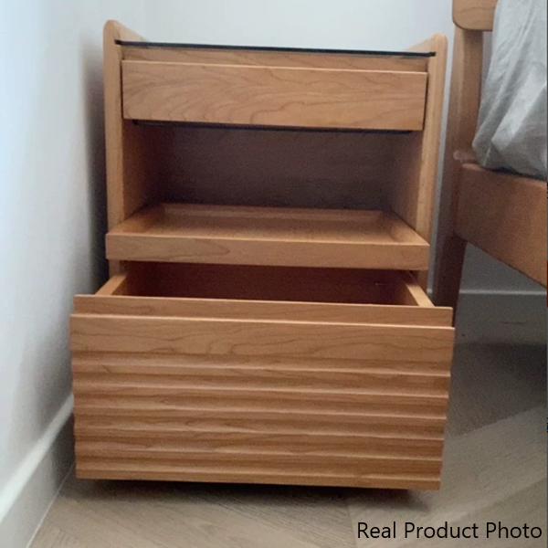 Moderner Retro-Nachttisch aus Sperrholz und Glas in Würfelform mit 3 Schubladen für das Schlafzimmer 