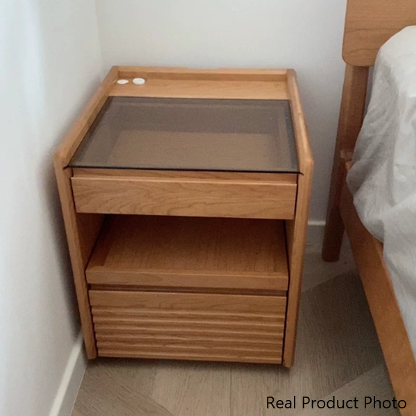 Moderner Retro-Nachttisch aus Sperrholz und Glas in Würfelform mit 3 Schubladen für das Schlafzimmer 