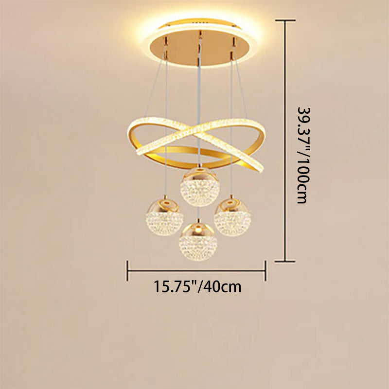 Moderner luxuriöser LED-Kronleuchter aus Acryl und Eisen mit Kugeln und geschwungener Form für das Wohnzimmer 
