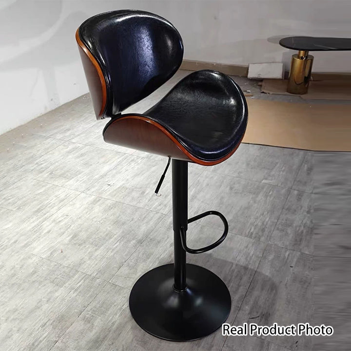 Tabouret de bar réglable en hauteur avec dossier et repose-pieds en cuir courbé et bois de simplicité moderne pour salle à manger 